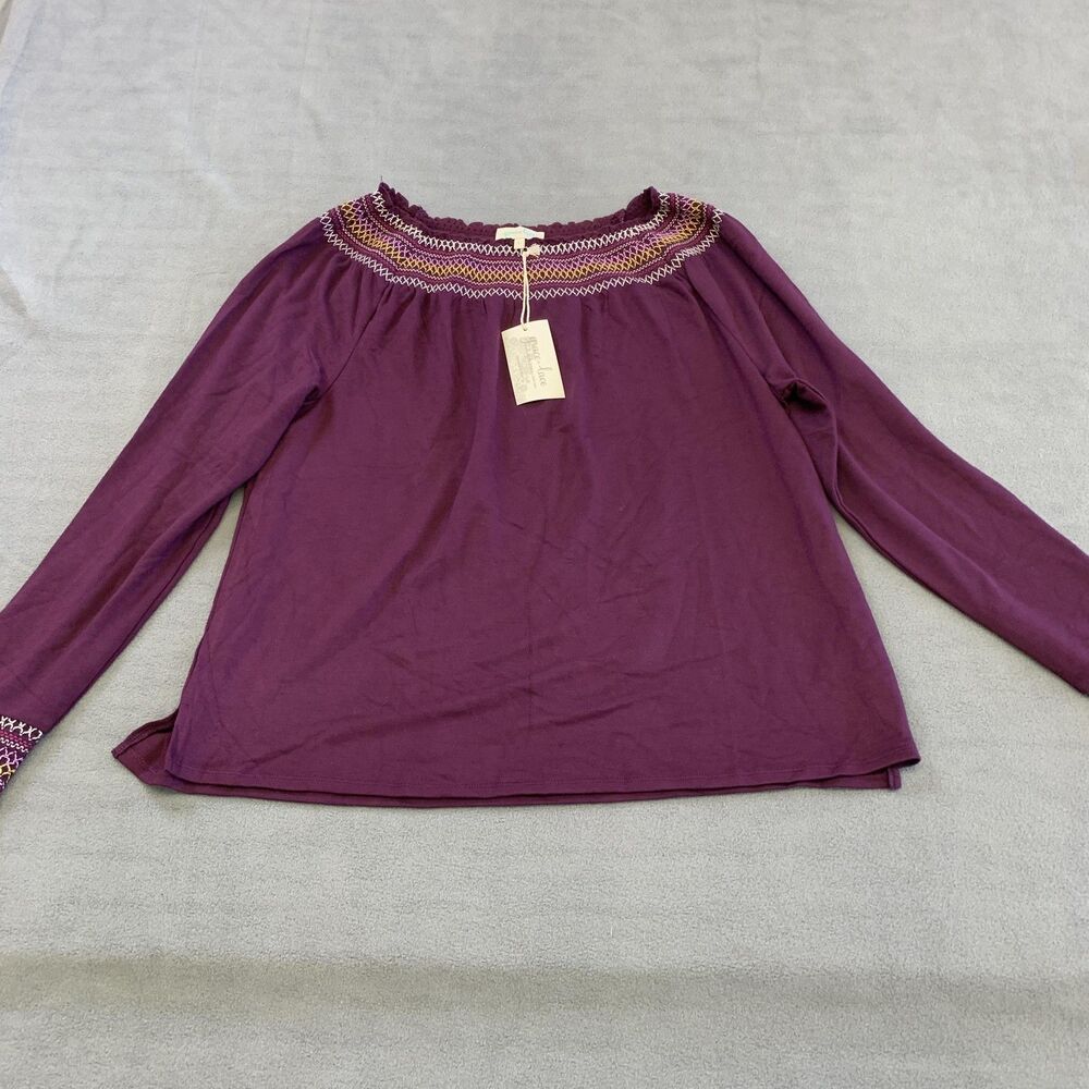 Grace & Lace Blouse Womens Large Purple Embroidered Scoop Neck Jersey Boho Top